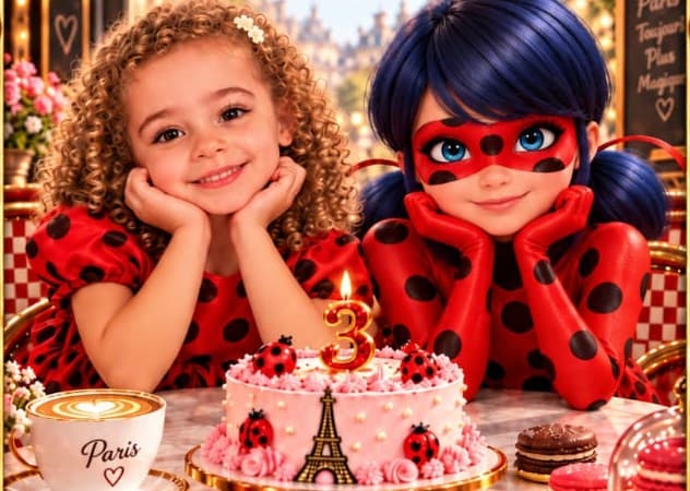 A Natália e a Ladybug, com o queixo apoiado nas mãos, diante de um bolo de 3 anos
